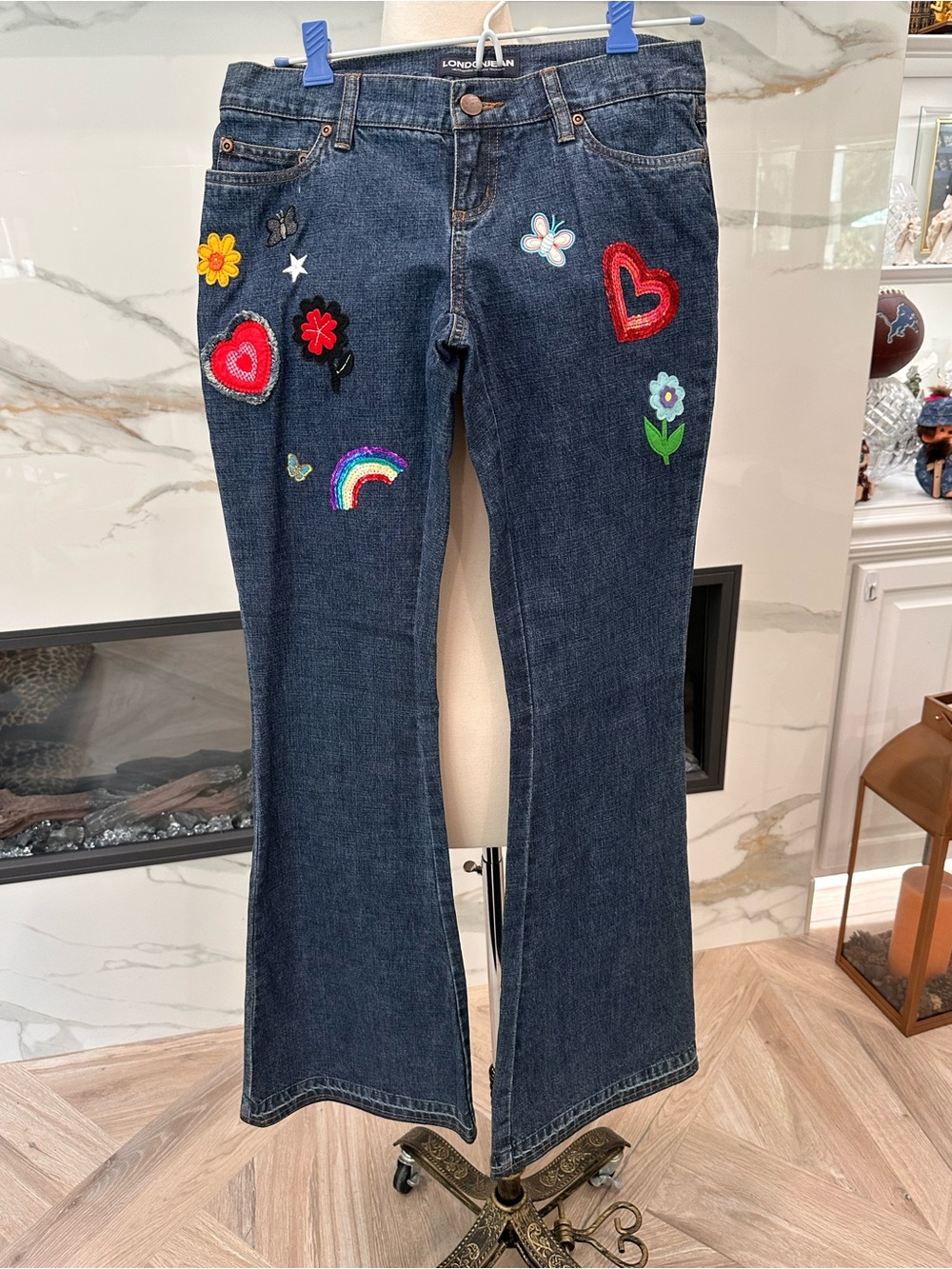 LONDONJEAN Dark Blue Embroidered Patch Flare Jeans Vintage